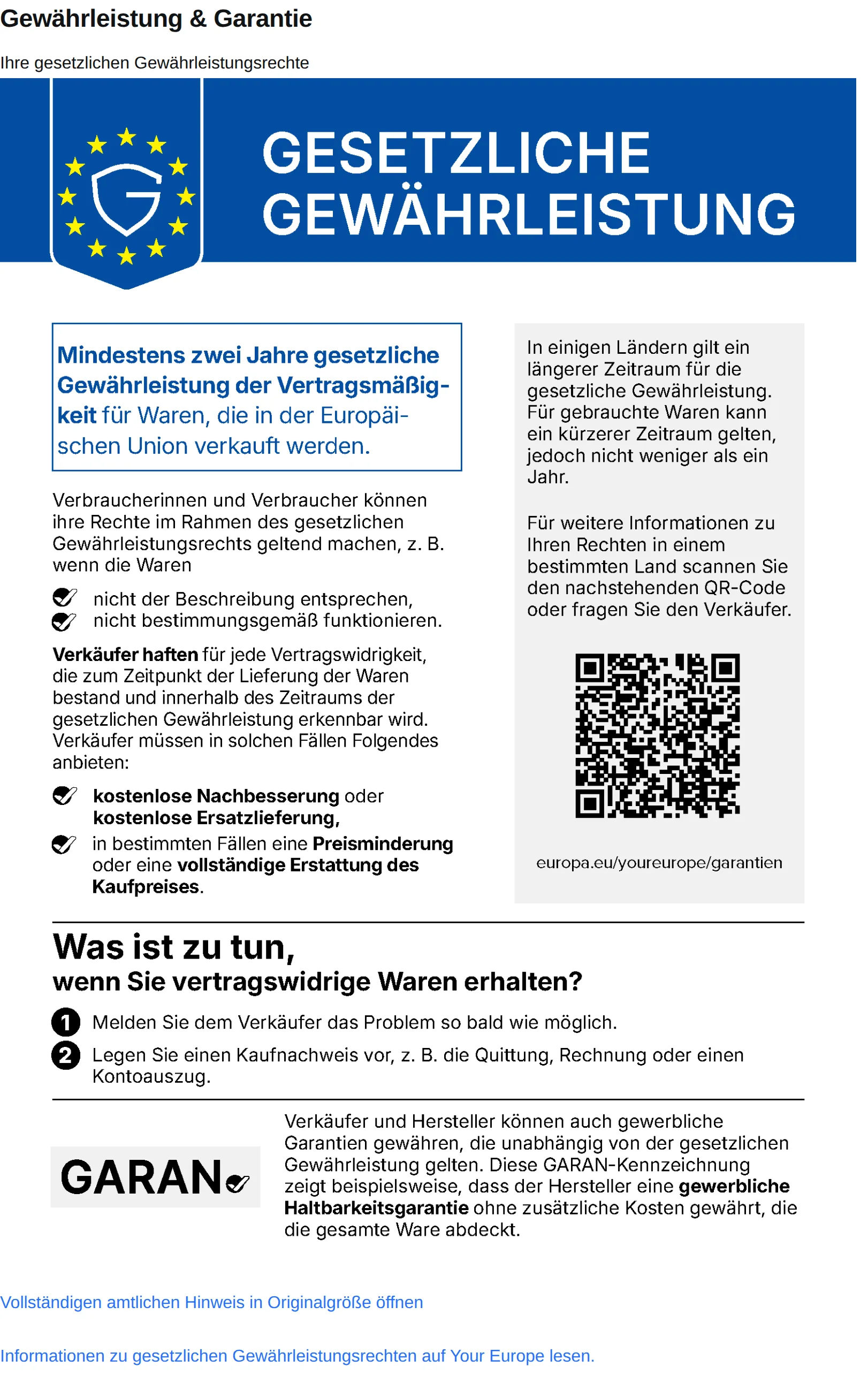 Abschnitt „Gewährleistung & Garantie“ mit dem amtlichen EU-Hinweis auf einer Produktseite von fahrradshop24.com