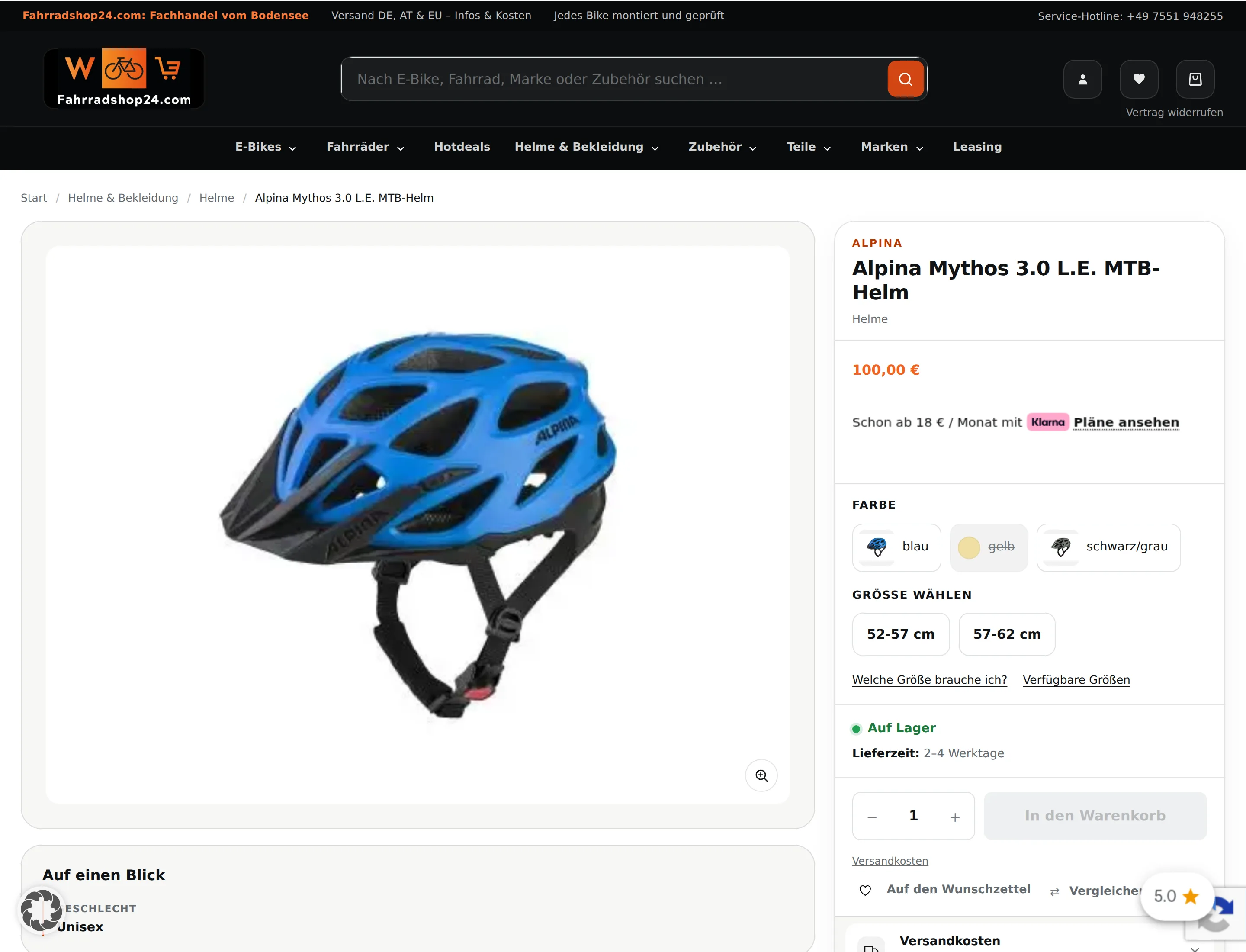Produktseite mit Varianten-Auswahl bei fahrradshop24.com